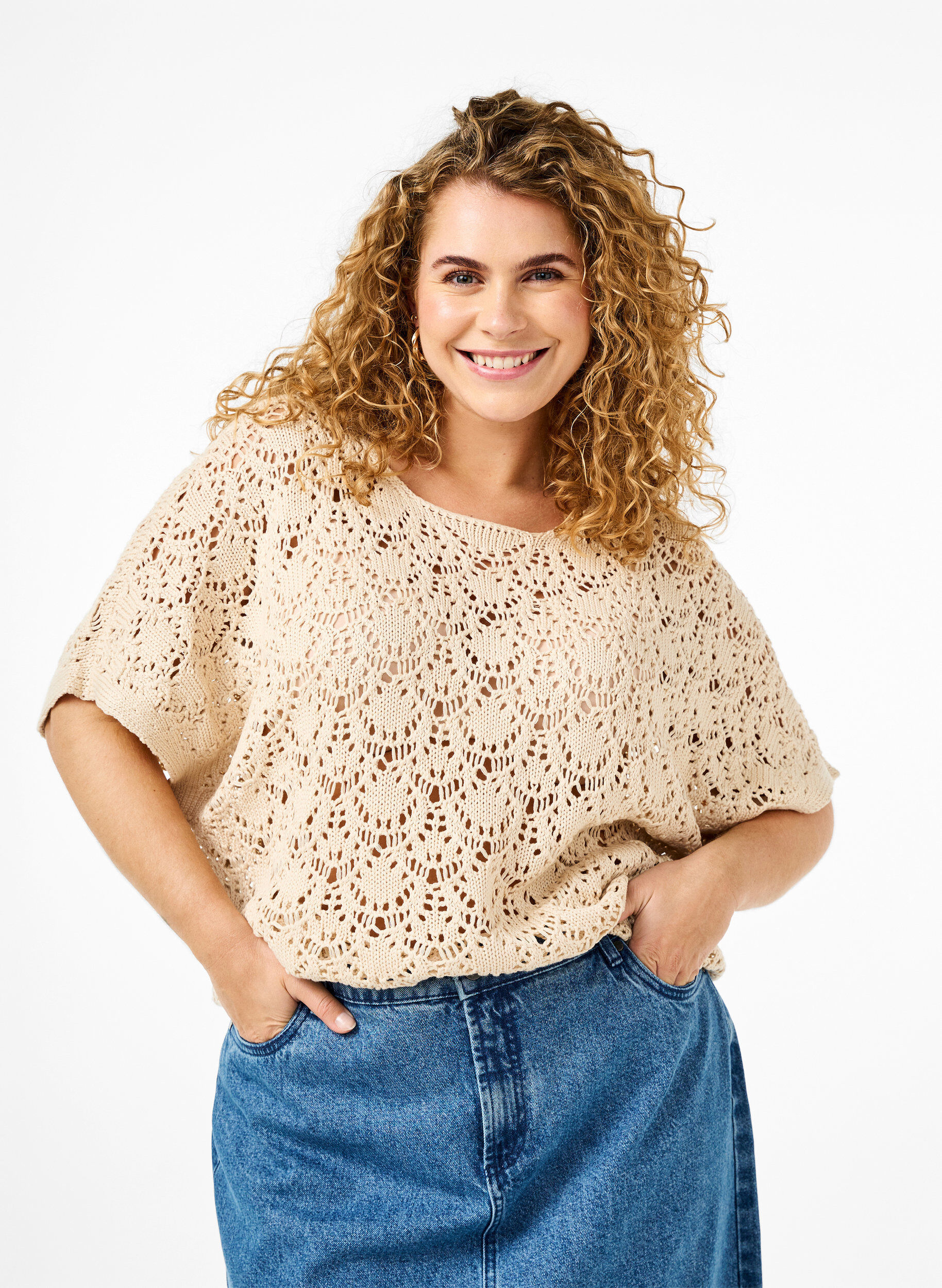 Zizzi Gebreide blouse met korte vleermuismouwen, Beige, Model image number 0
