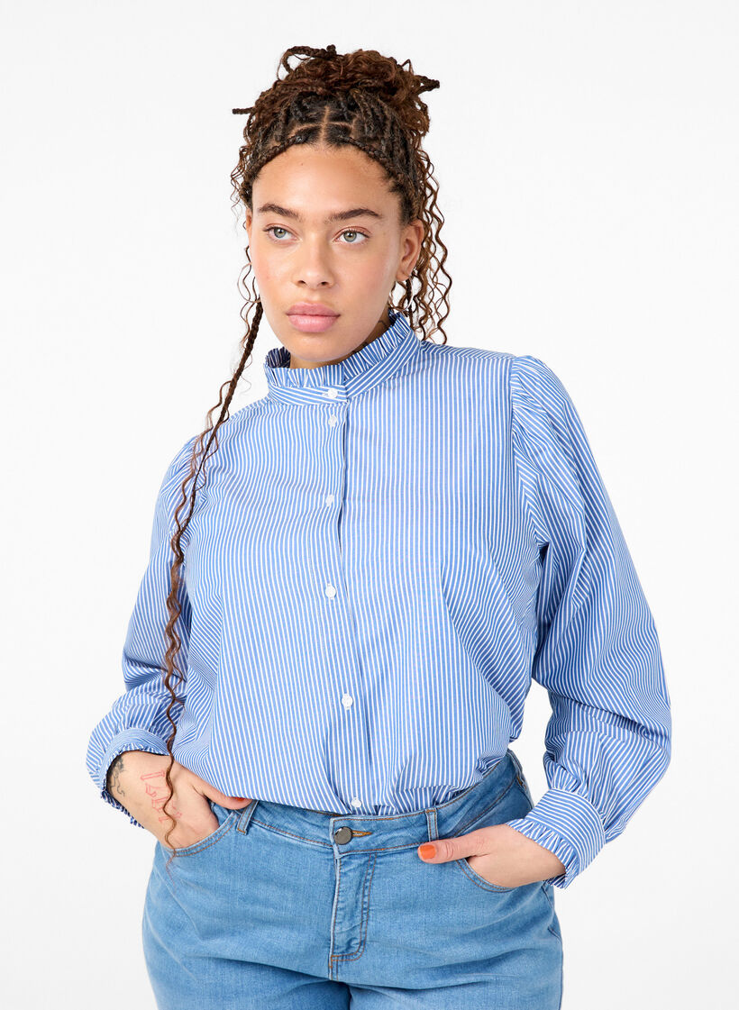 Overhemd blouse met strepen en ruches, Princess Blue W. St., Model image number 0