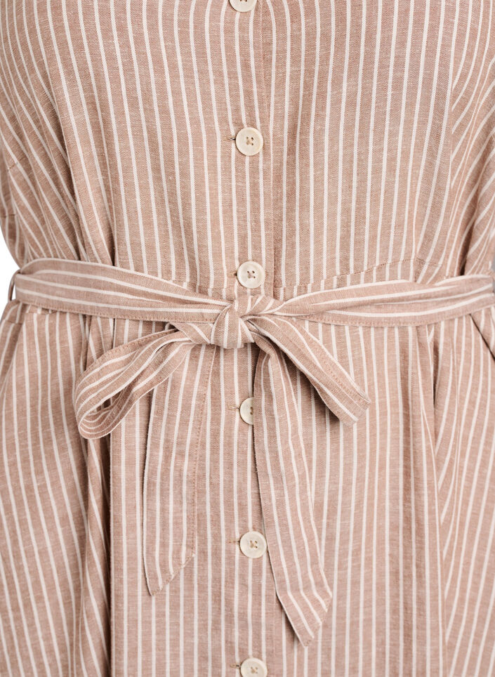 Mouwloze gestreepte midi jurk in linnen en viscose, Beige, Packshot image number 2