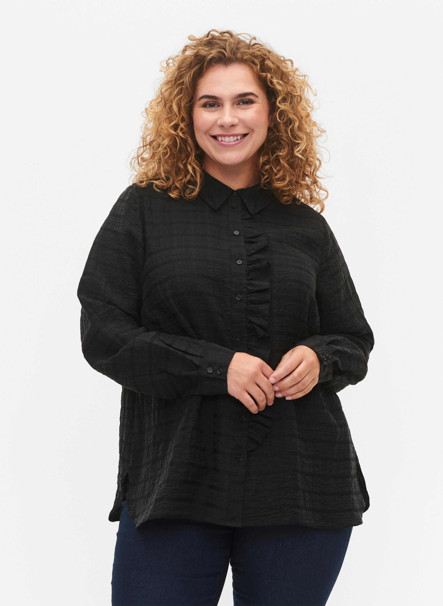 Zizzi Shirt met structuur en ruches, Black, Model image number 0