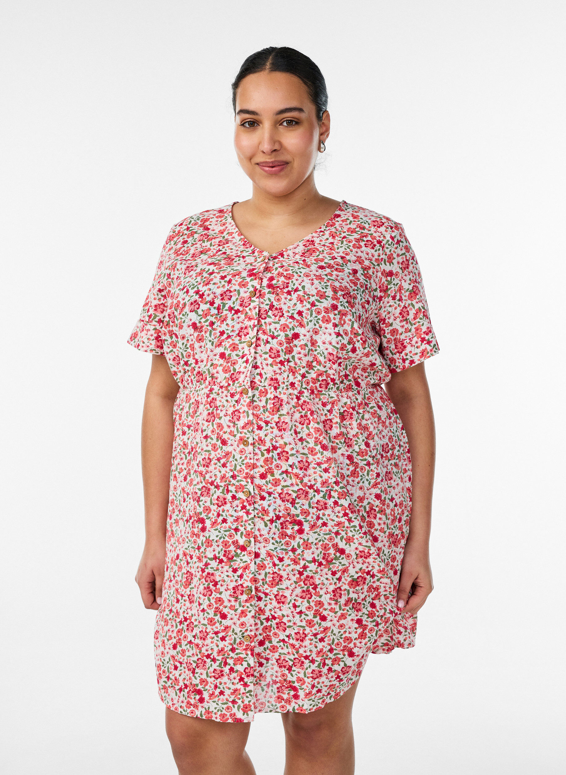 ZizziKorte katoenen jurk met bloemenprint, Rood, Model image number 0