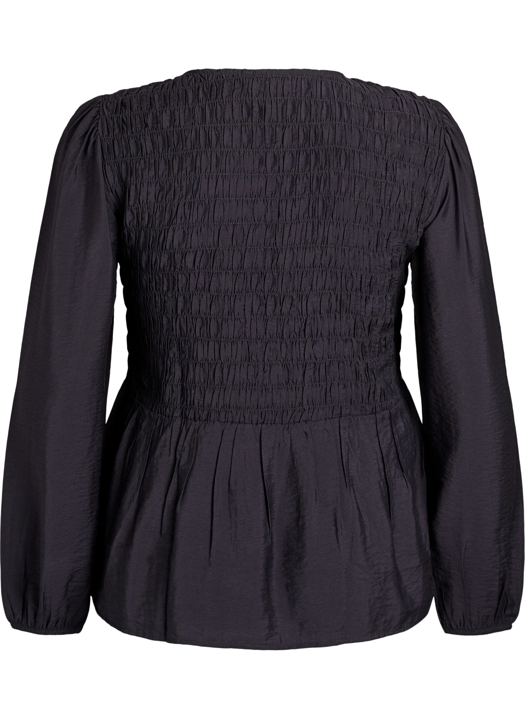 Zizzi Blouse met smock en lange mouwen, Zwart, Packshot image number 1