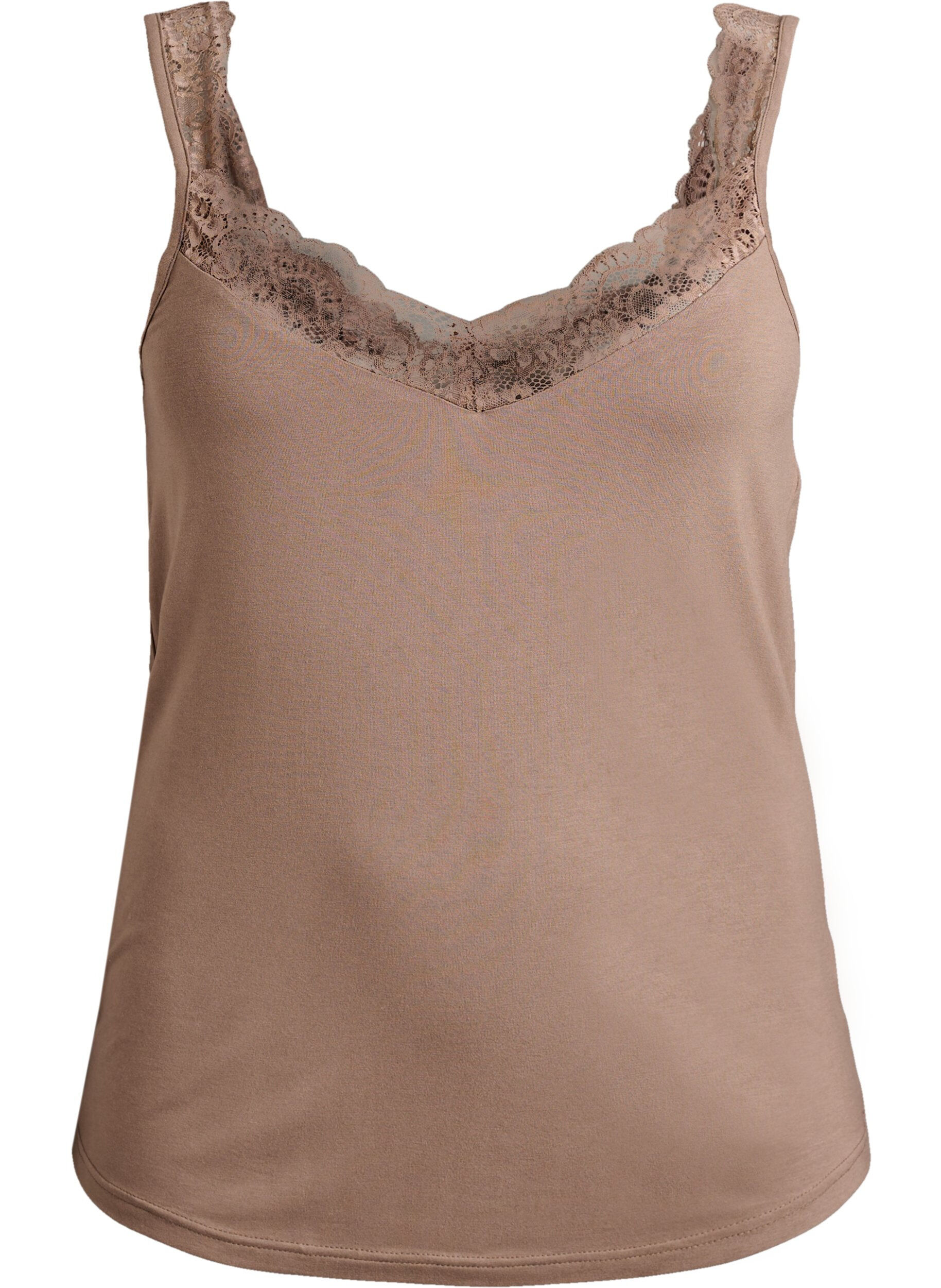 ZizziViscose top met kanten rand, Beige, Packshot image number 0