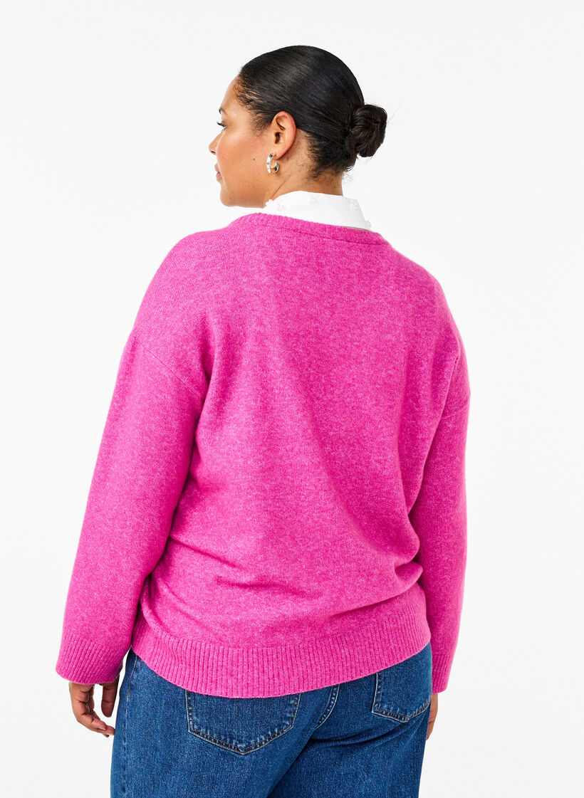 Gebreide blouse met ronde hals en middennaad, Fuchsia Red Mel., Model image number 1