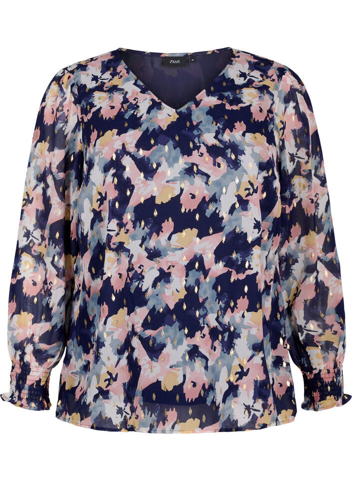Gebloemde blouse met lange mouwen en V-hals, Night Sky AOP Flower, Packshot image number 0