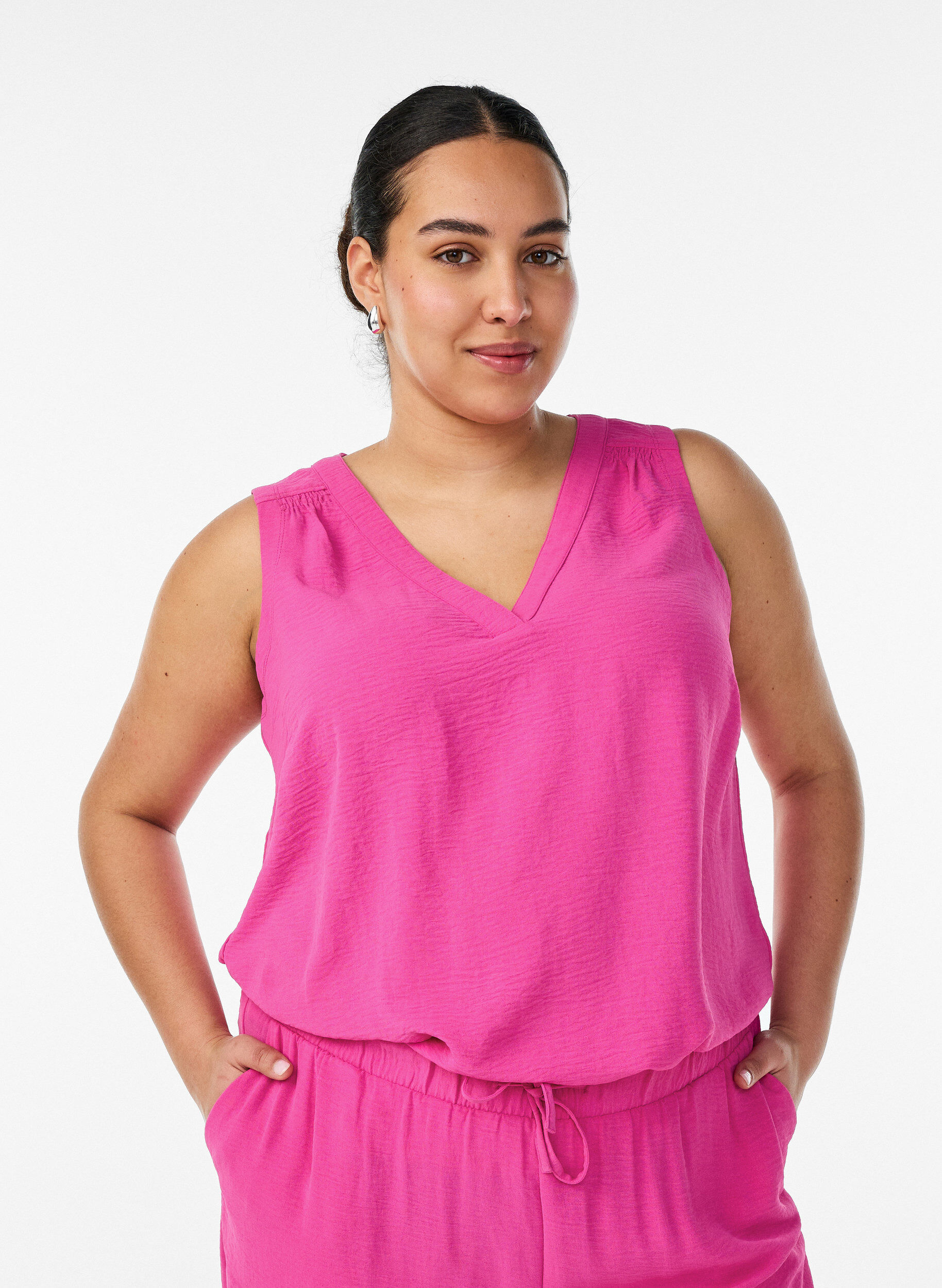 ZizziMouwloze top met kreukeffecten, Roze, Model image number 0