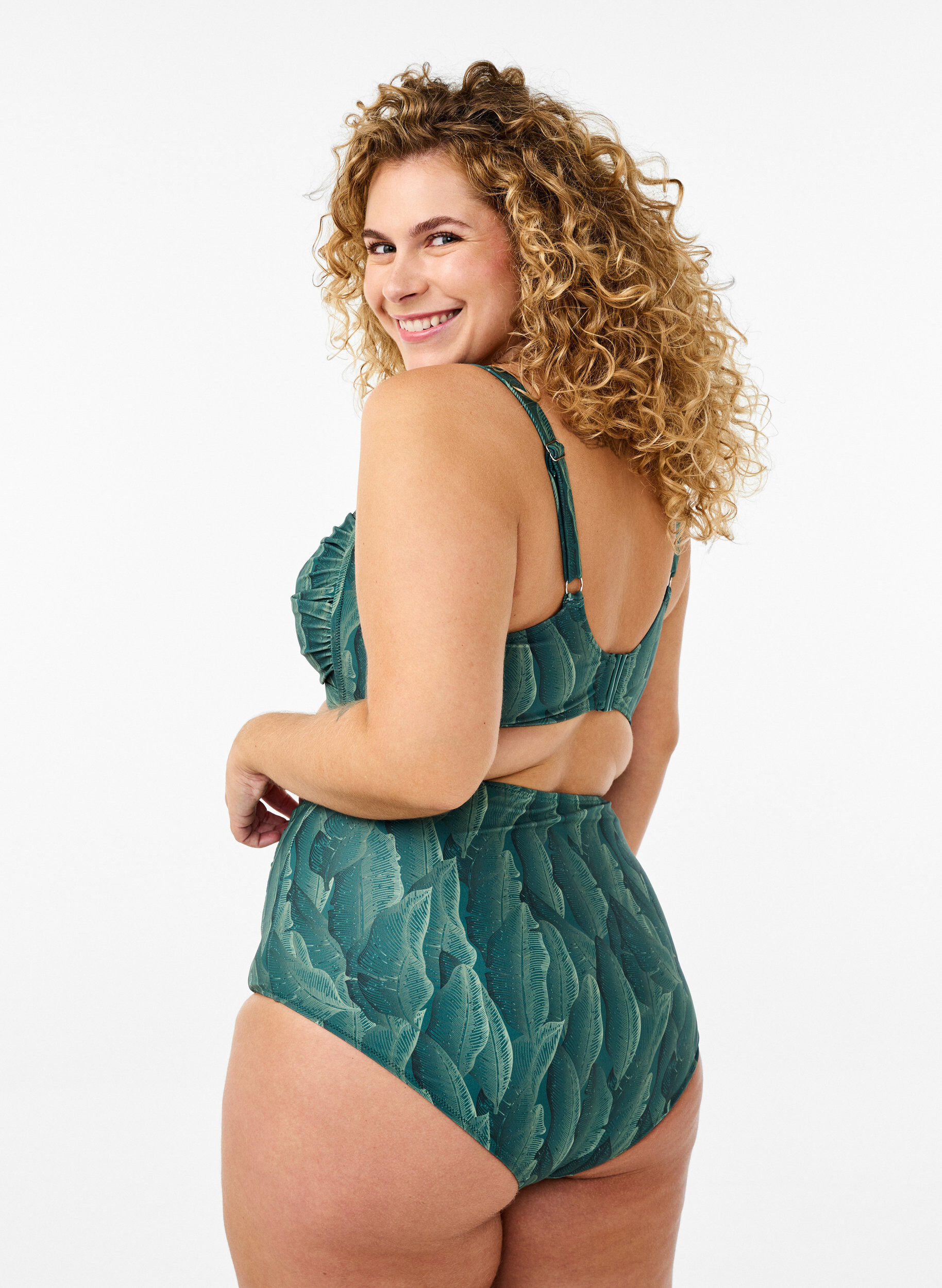 Zizzi Bikinibroekje met print en een hoge taille, Groen, Model image number 1