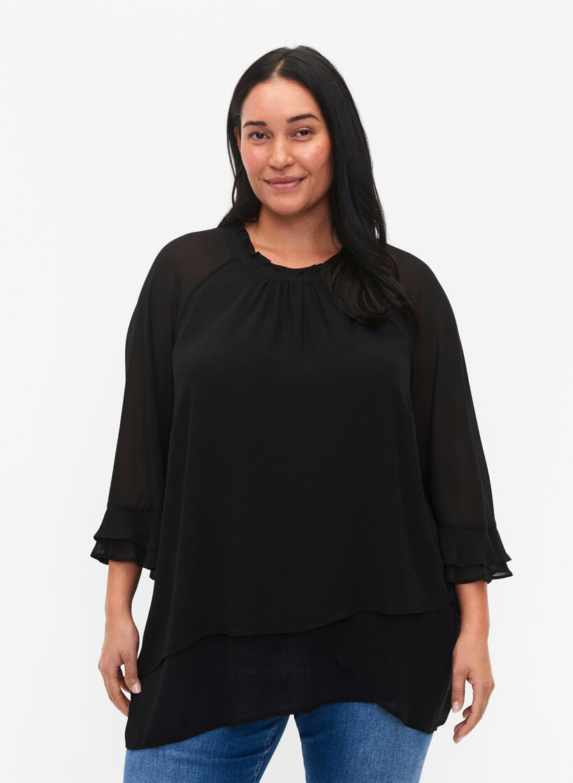 Blouse met asymmetrische onderkant en 3/4 mouwen, Black, Model image number 0