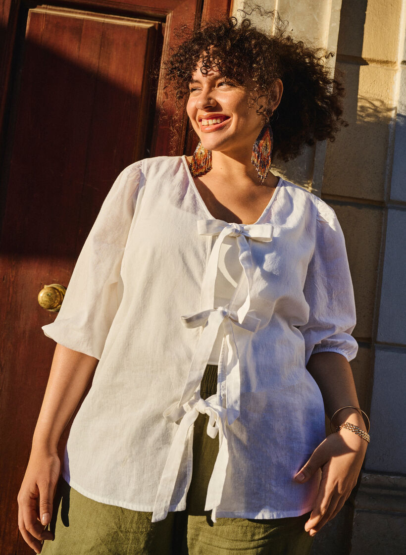 Katoenen blouse met 3/4 mouwen in een katoenmix met linnen, Bright White, Image