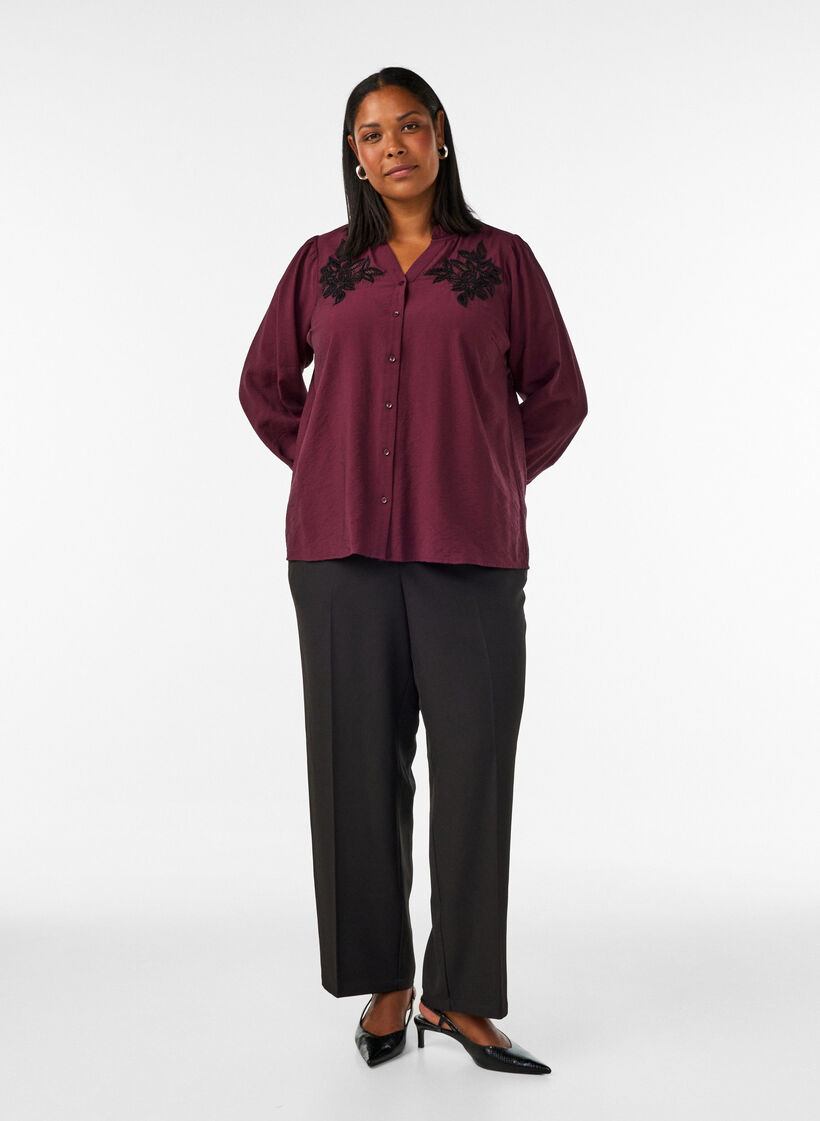 Shirtblouse met geborduurde bloemapplicaties, Rood, Model image number 1