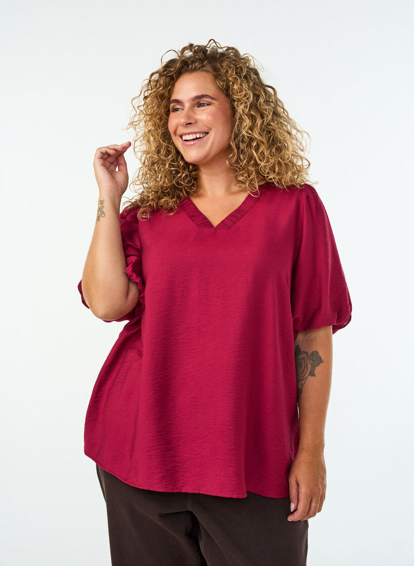 Blouse met ballonnenmouwen en V-hals, Rood, Model image number 0