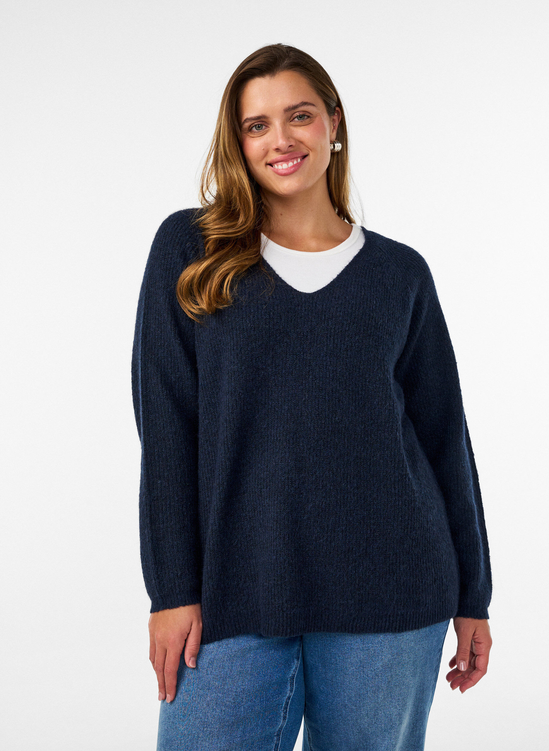 ZizziGebreide blouse met V-hals en raglanmouwen, Blauw, Model image number 0