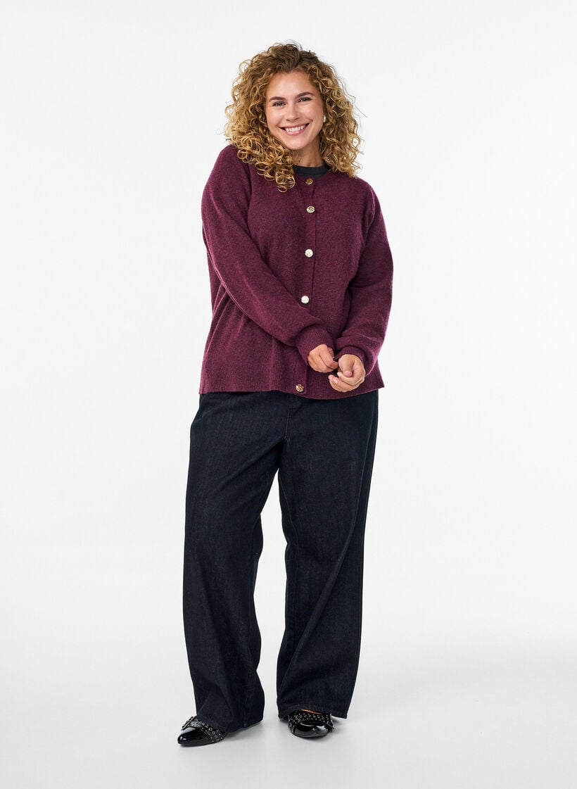 Cardigan in zacht breisel met goudkleurige knopen, Donker Bordeaux, Model image number 1