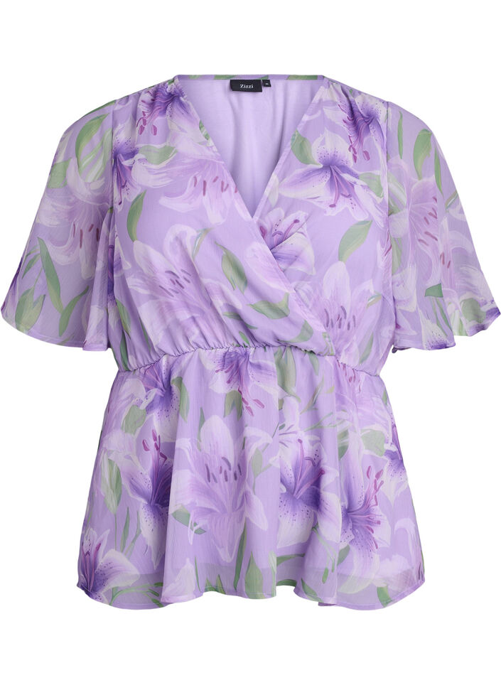 Bloemen chiffon blouse met korte mouwen, Paars, Packshot image number 0