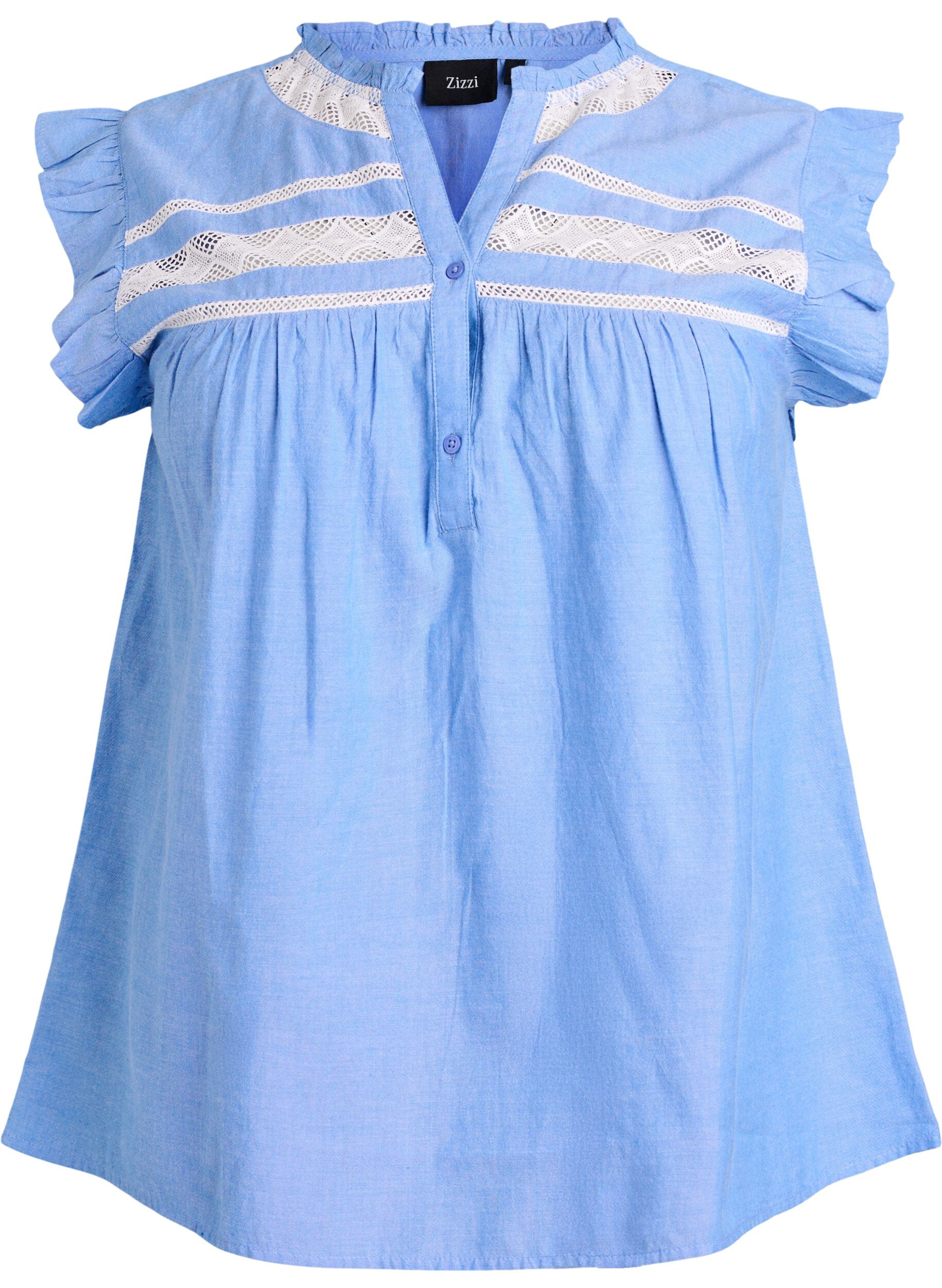 ZizziKatoenen blouse zonder mouwen met rucheranden, Blauw, Packshot image number 0