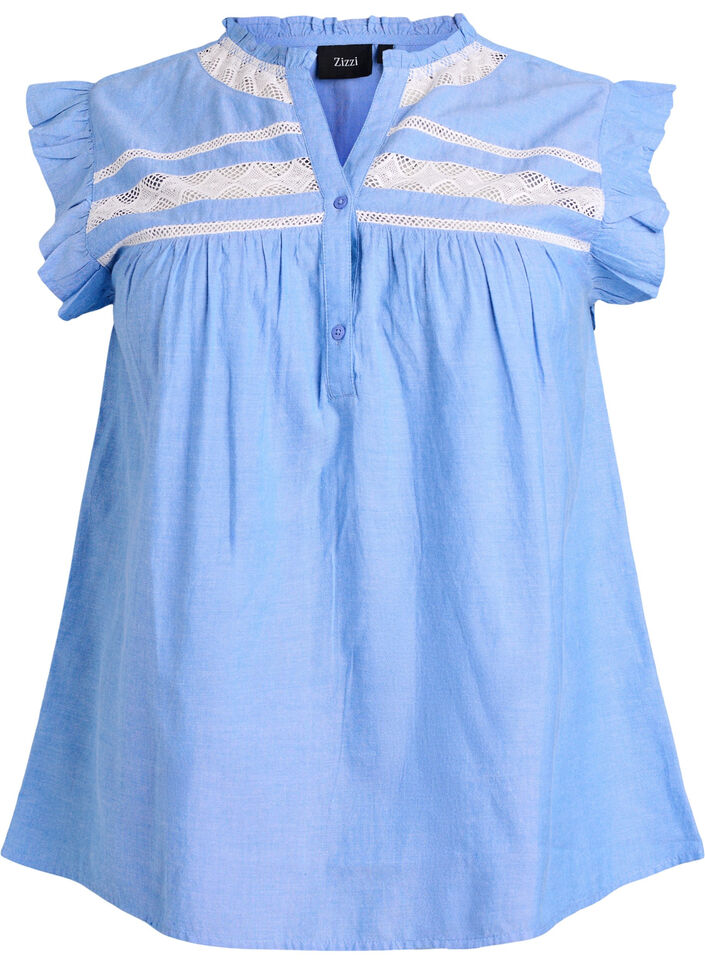 Katoenen blouse zonder mouwen met rucheranden, Blauw, Packshot image number 0