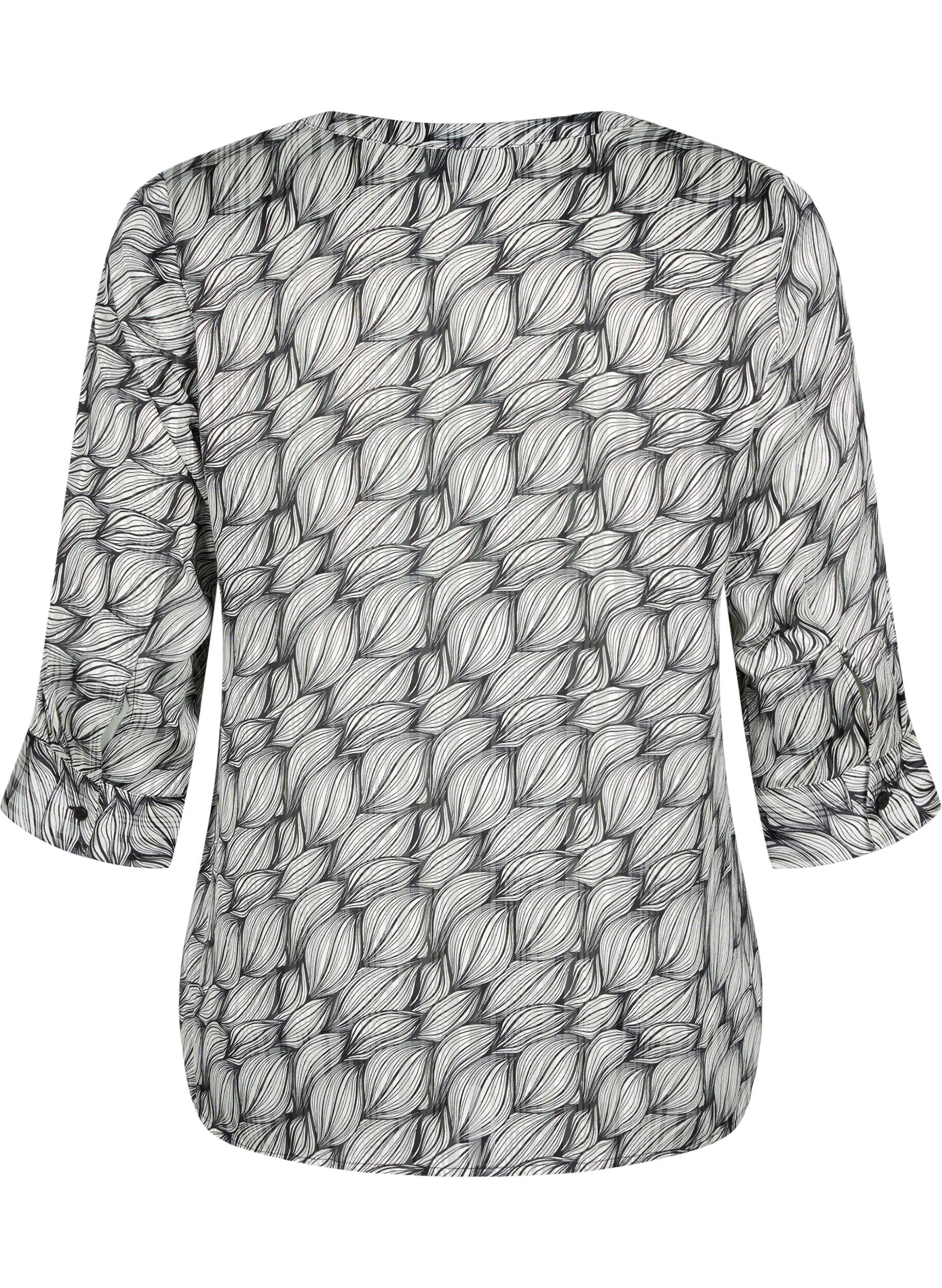 Zizzi Blouse met print en 3/4 mouwen, Black White Leaf, Packshot image number 1