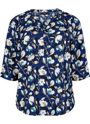 Gebloemde blouse met 3/4 mouwen, P. Blue Flower AOP, Packshot image number 0