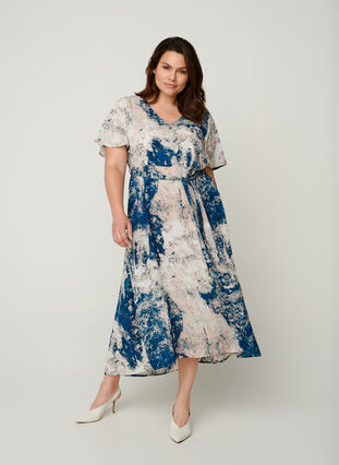 Midi-jurk met korte mouwen en print, Twilight Blue AOP, Model image number 2