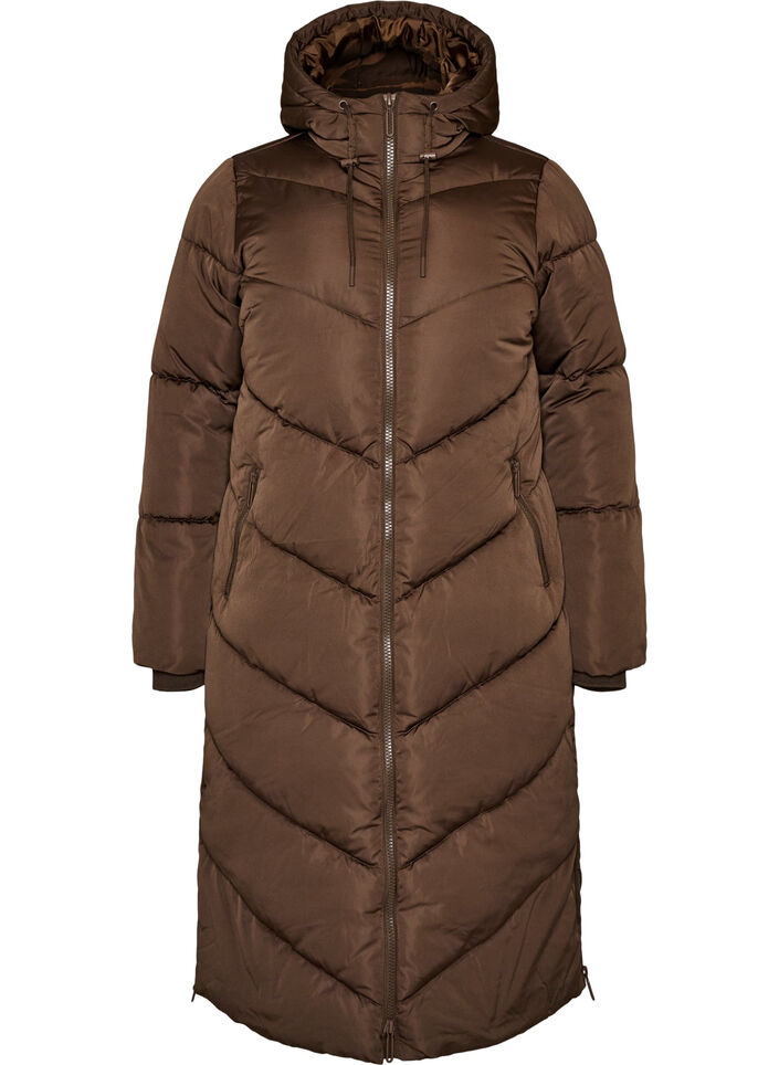 Lange pufferjas met capuchon en zakken, Bruin, Packshot image number 0