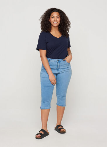 Hoge taille capri jeans met katoenmix, Light blue denim, Model image number 0