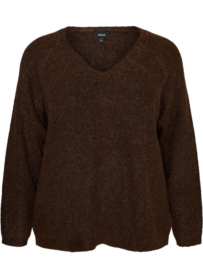 Gebreide blouse met V-hals en raglanmouwen, Bruin, Packshot image number 0