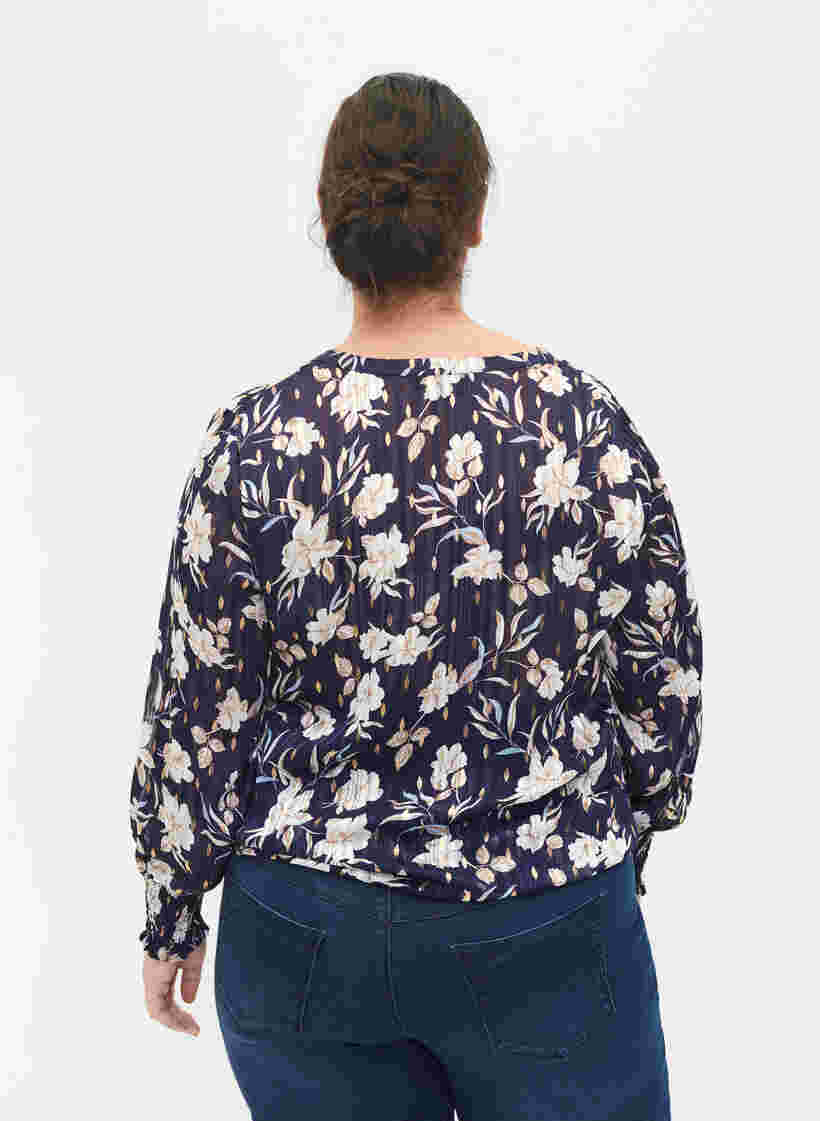Bedrukte blouse met smok en v-hals, Blue Flower, Model image number 1