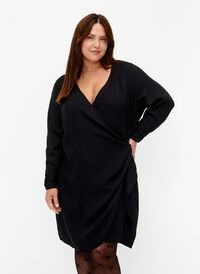 Viscose jurk met lange mouwen en wikkel-look, Black, Model