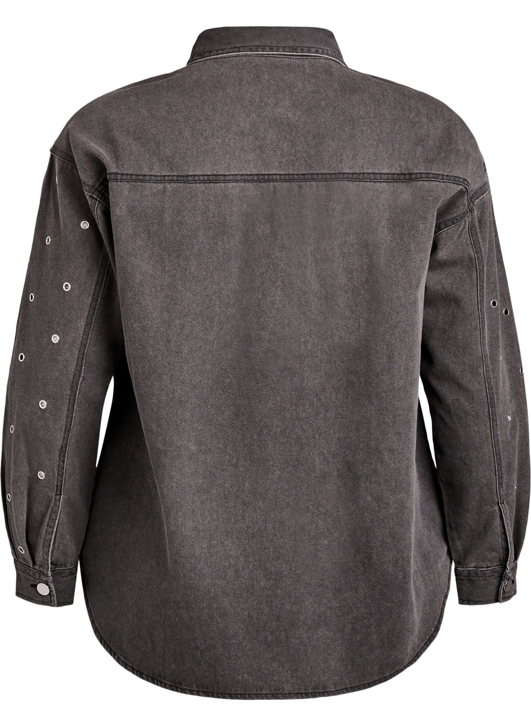 Zizzi Denim shirt met oogjes op de mouwen, Grey Denim, Packshot image number 1