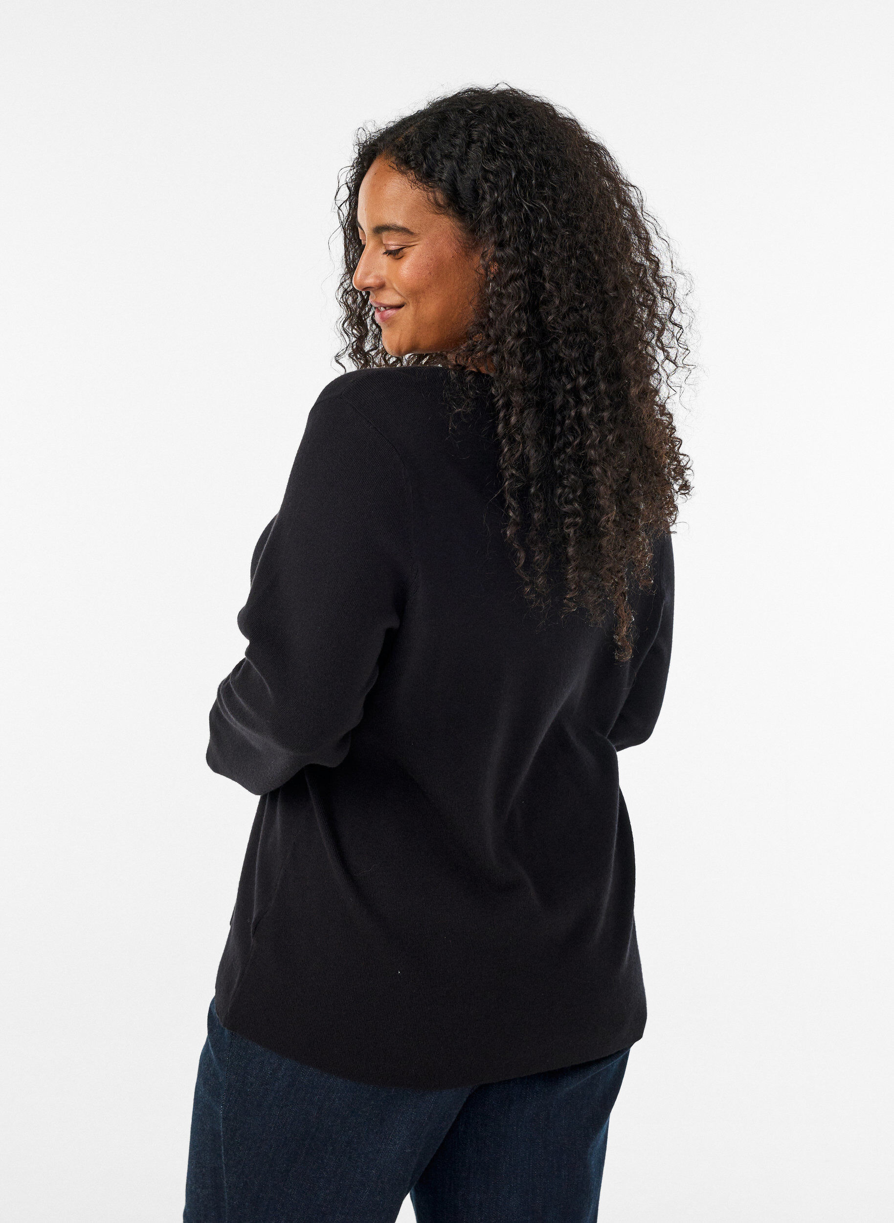 ZizziFijngebreid vest met stofbeklede knopen, Zwart, Model image number 2