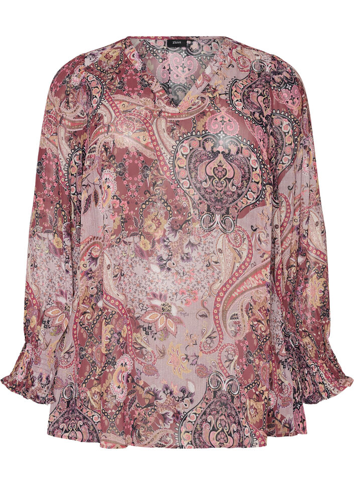Tunic met paisleyprint en gesmokte manchetten, Roze, Packshot image number 0