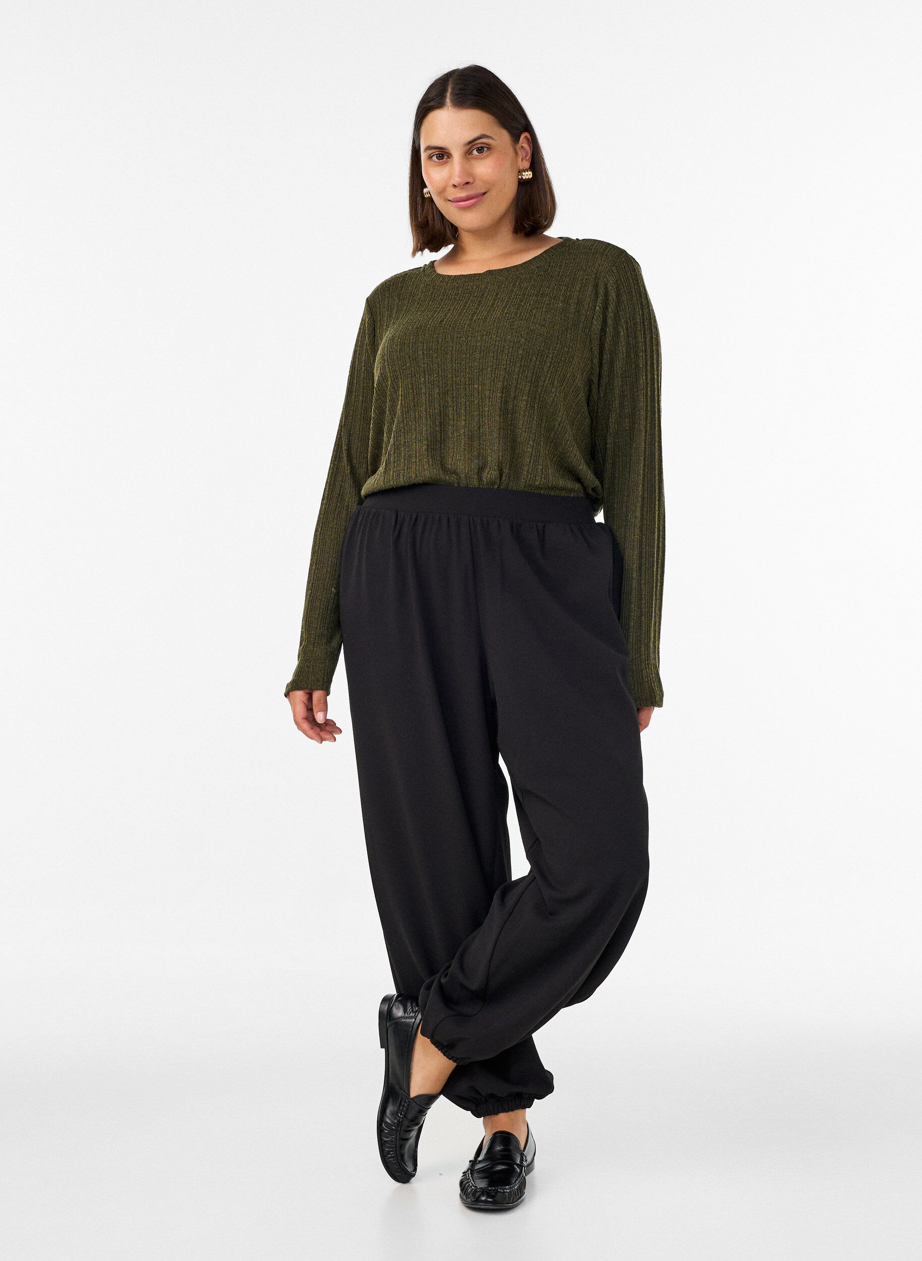 ZizziJersey blouse met geribde structuur en lange mouwen, Groen, Model image number 1