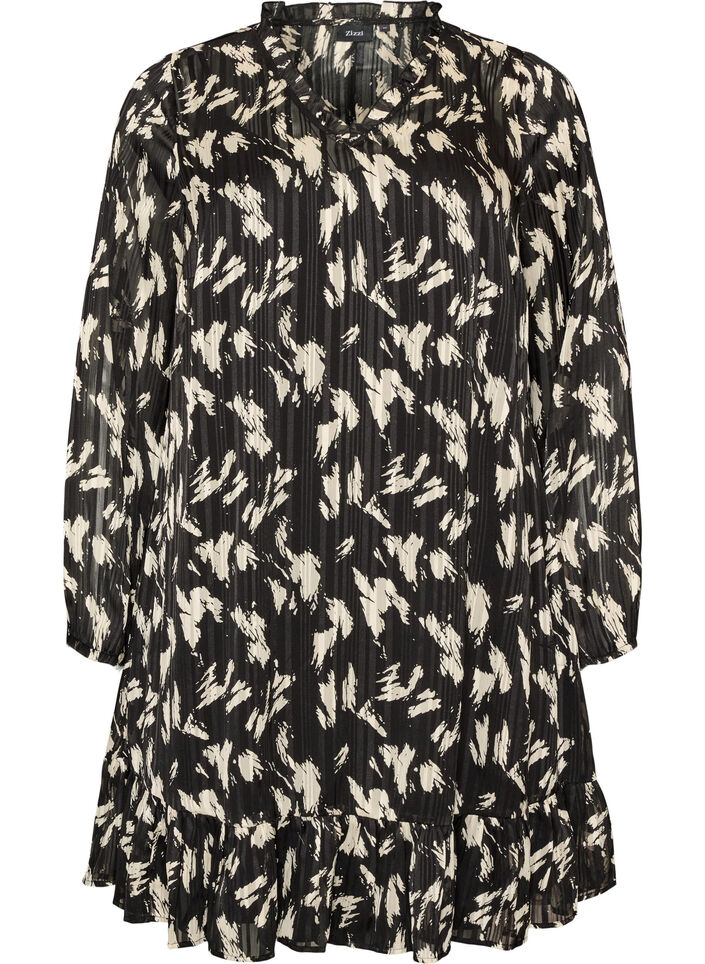 Jurk met patroon, ruches en lange mouwen, Zwart, Packshot image number 0