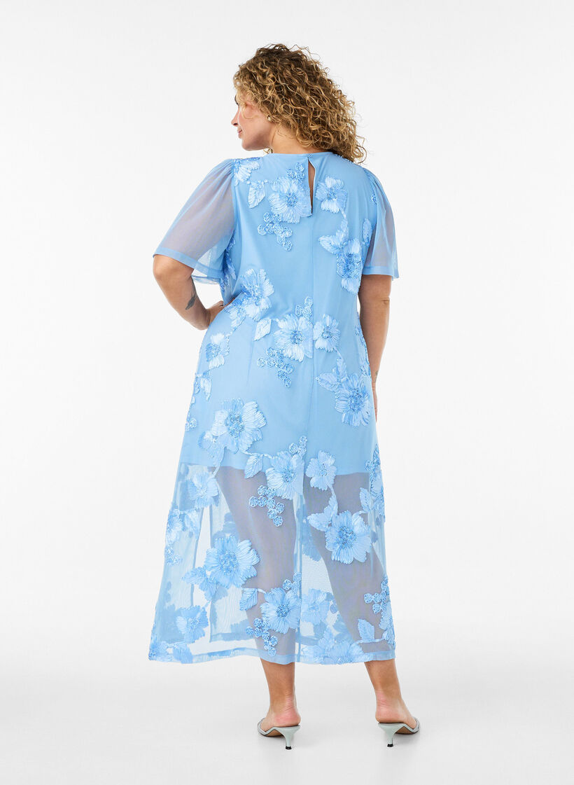 Meshjurk met bloemenapplicaties, Blauw, Model image number 1