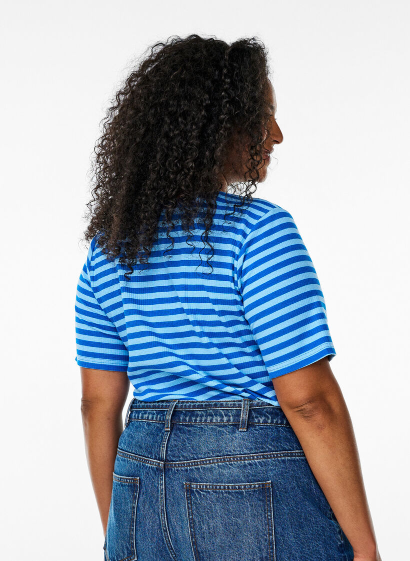 Gestreept T-shirt met geribbelde textuur, Blauw, Model image number 2