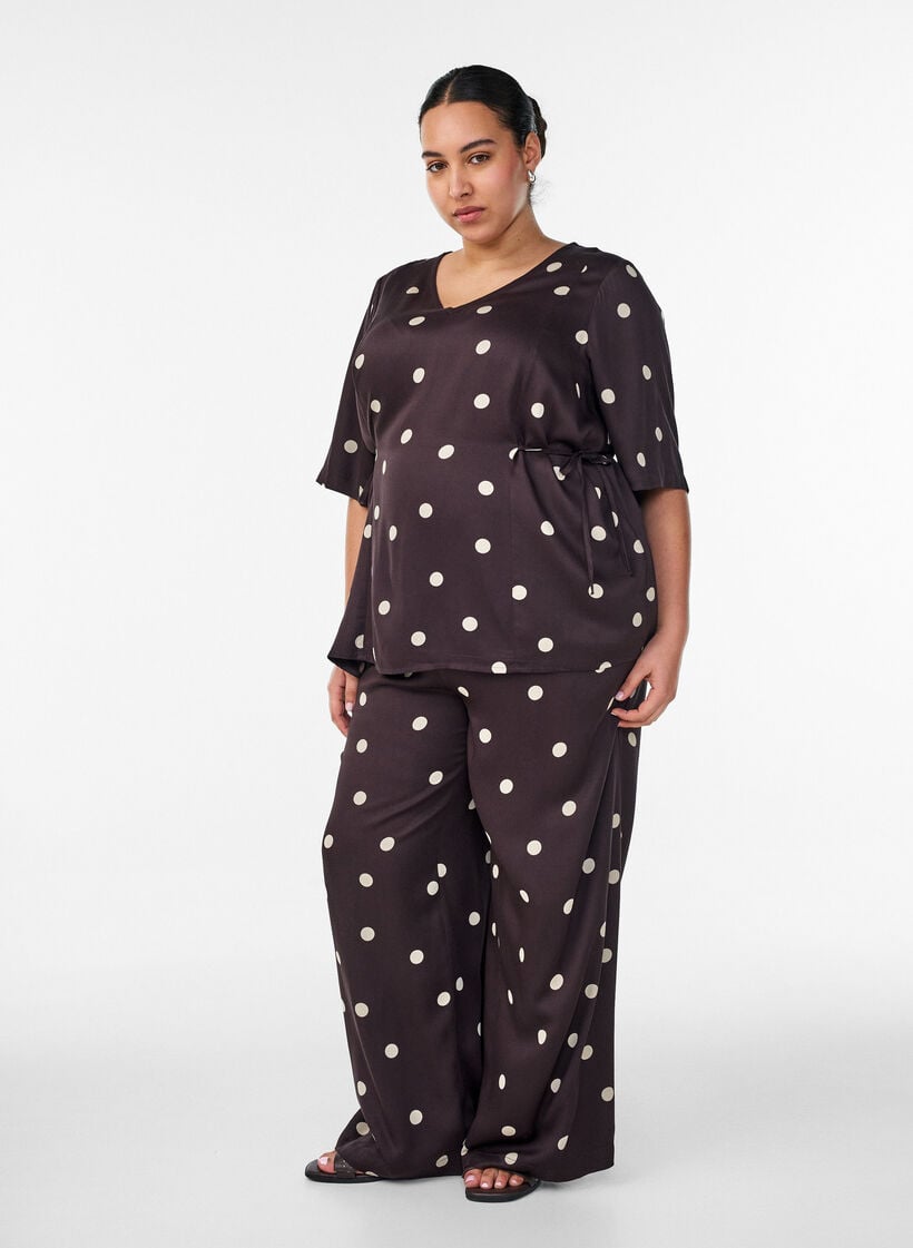 Viscose broek met stippen en wijde pijpen, Bruin, Model