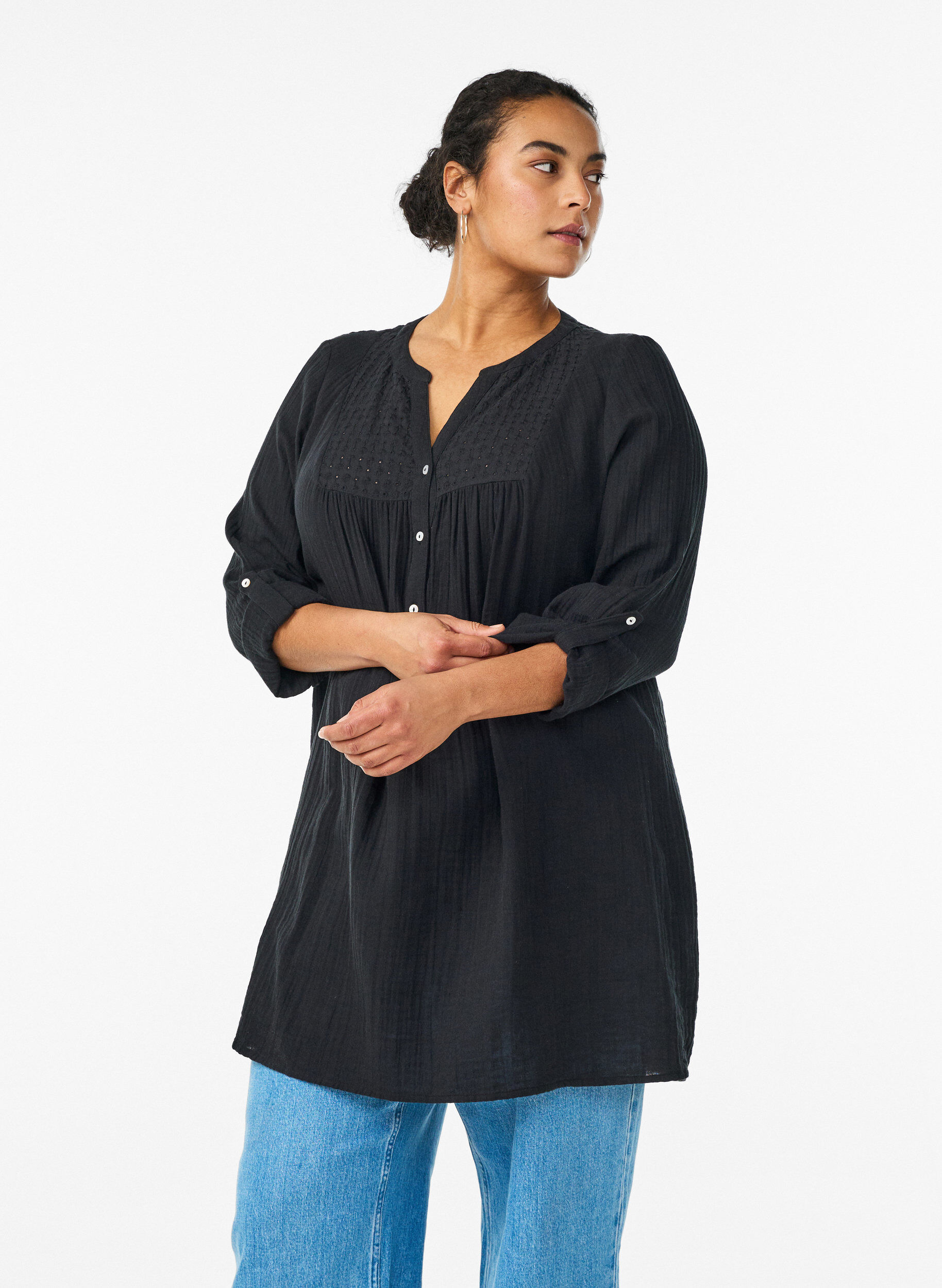 ZizziKatoenen mousseline tuniek met broderie anglaise, Zwart, Model image number 0