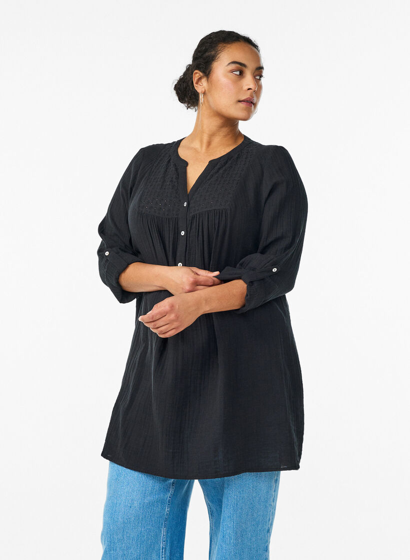 Katoenen mousseline tuniek met broderie anglaise, Zwart, Model image number 0