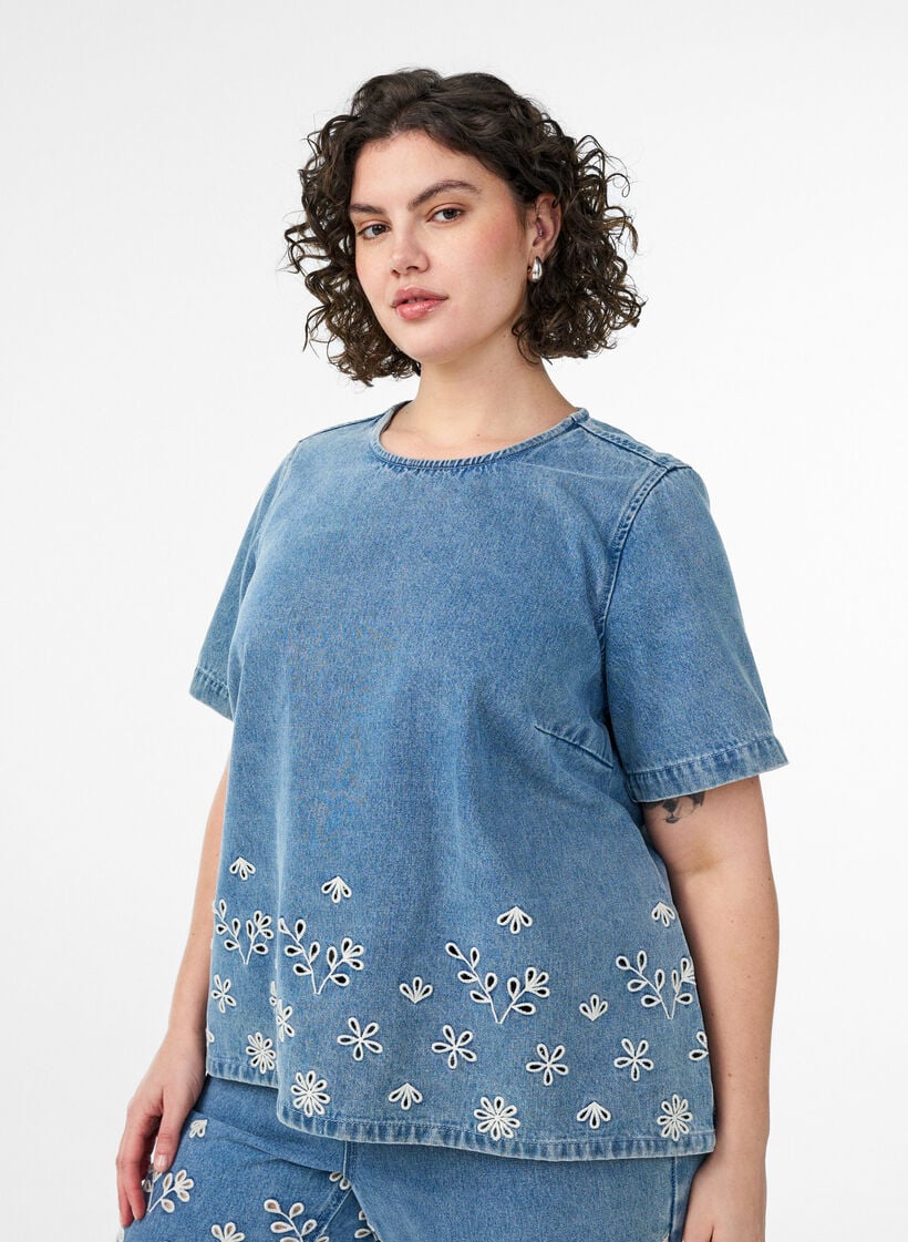 Denim blouse met korte mouwen en broderie anglaise, Blauw, Model image number 0
