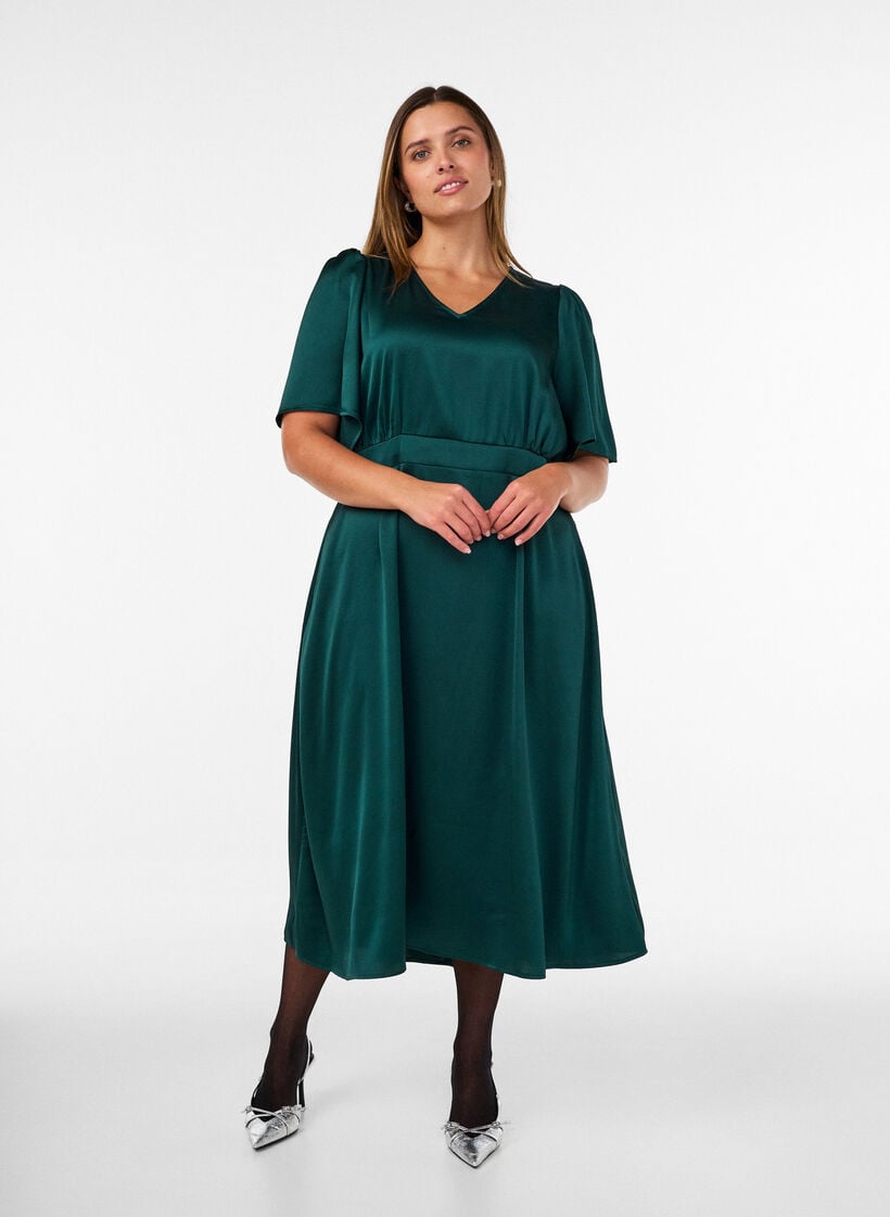 Empire feestjurk in midi lengte, Groen, Model image number 0