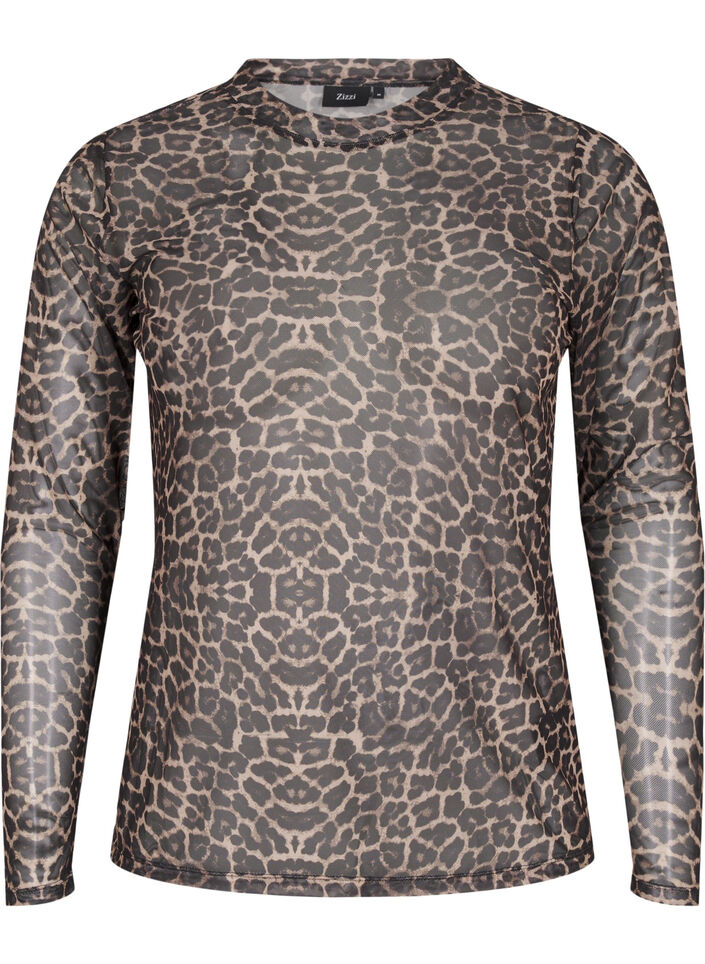 Mesh blouse met luipaardpatroon, Bruin, Packshot image number 0