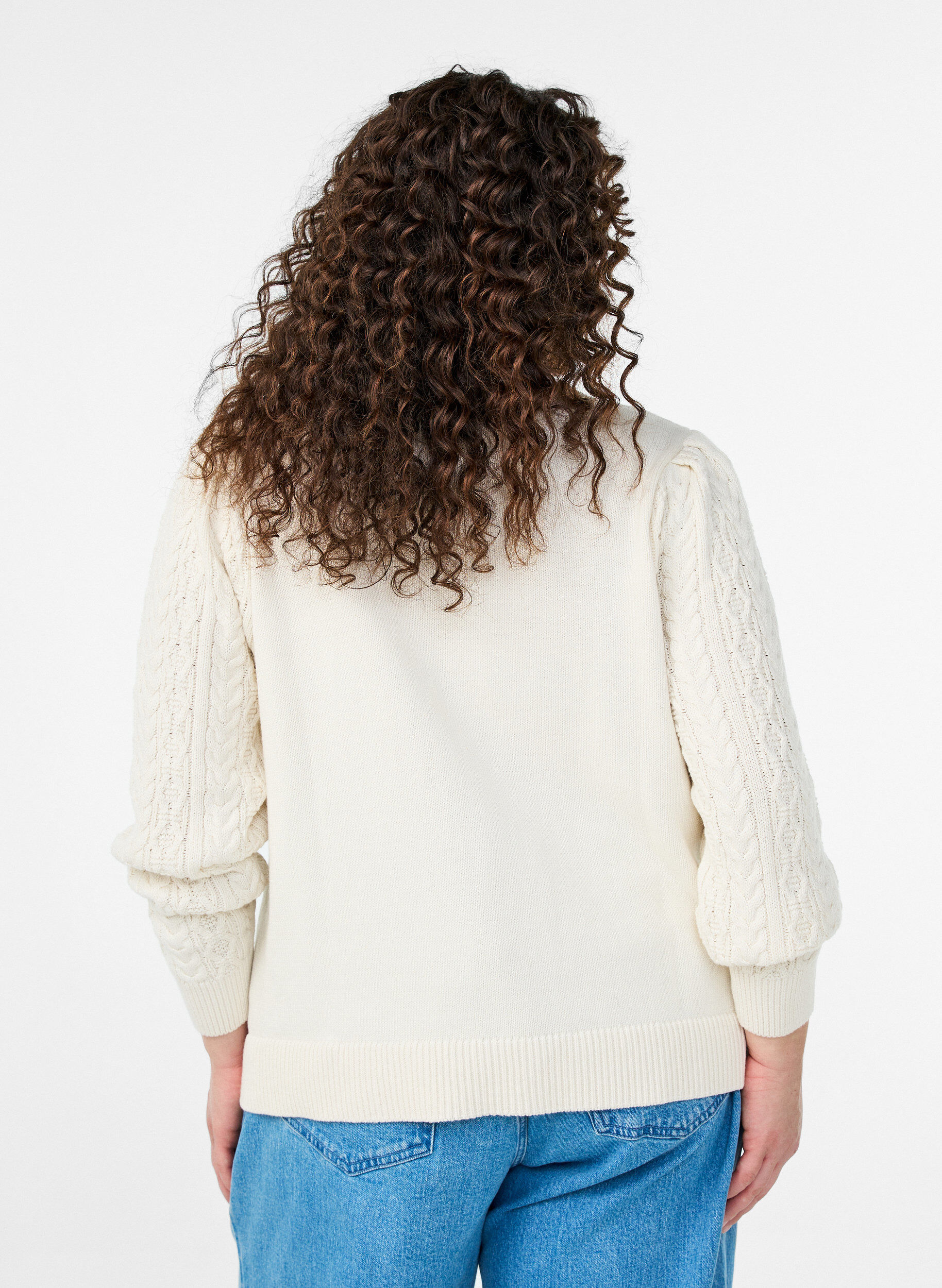 Zizzi Gebreide blouse met kabelpatroon en geborduurde bloemen, Wit, Model image number 2