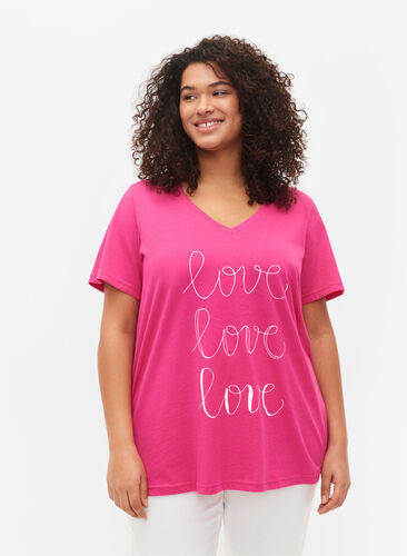 Katoenen t-shirt met v-hals en opdruk, Fuchsia Purple Love, Model image number 0