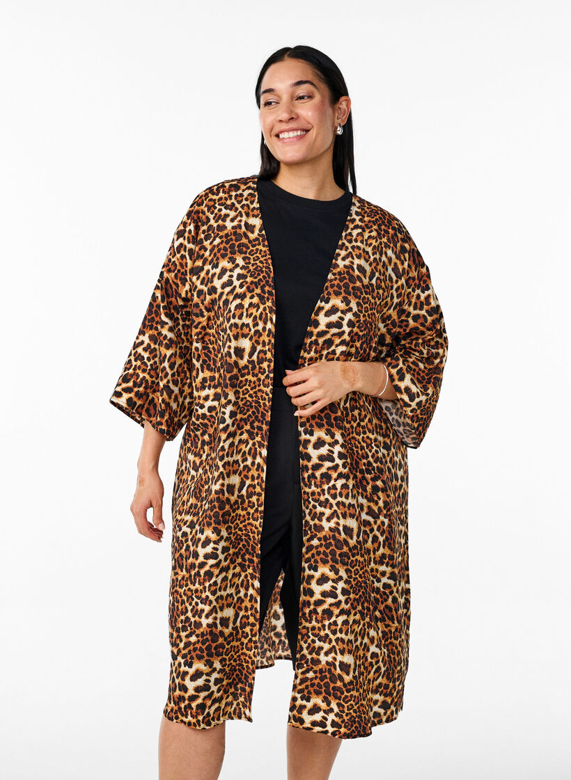 Kimono van viscose met 3/4 mouwen, Bruin, Model image number 0