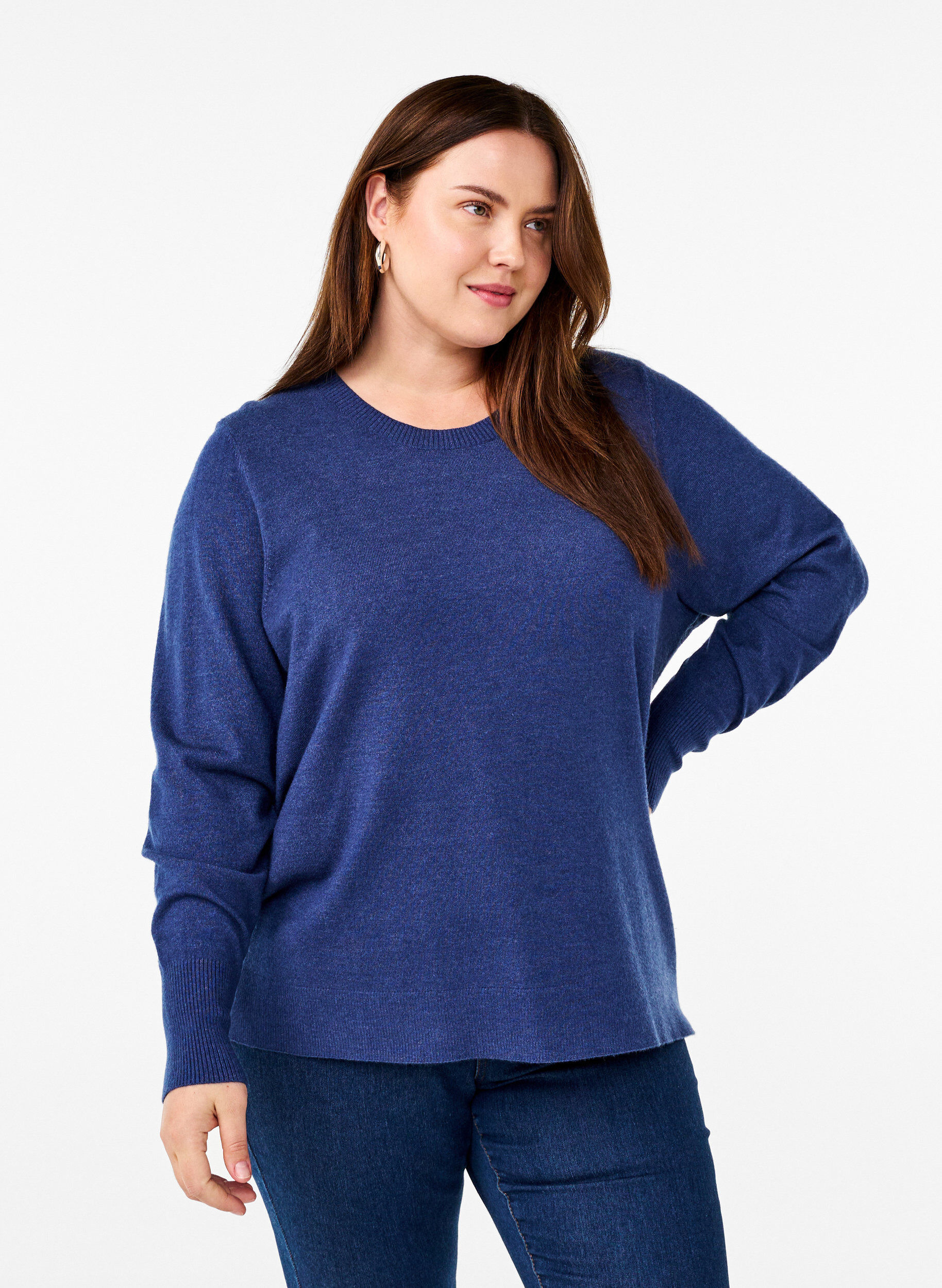 Zizzi Gebreide blouse met ronde hals, Blauw, Model image number 0