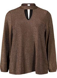 Glitter blouse met lange mouwen, ronde hals en V-detail, Black Copper