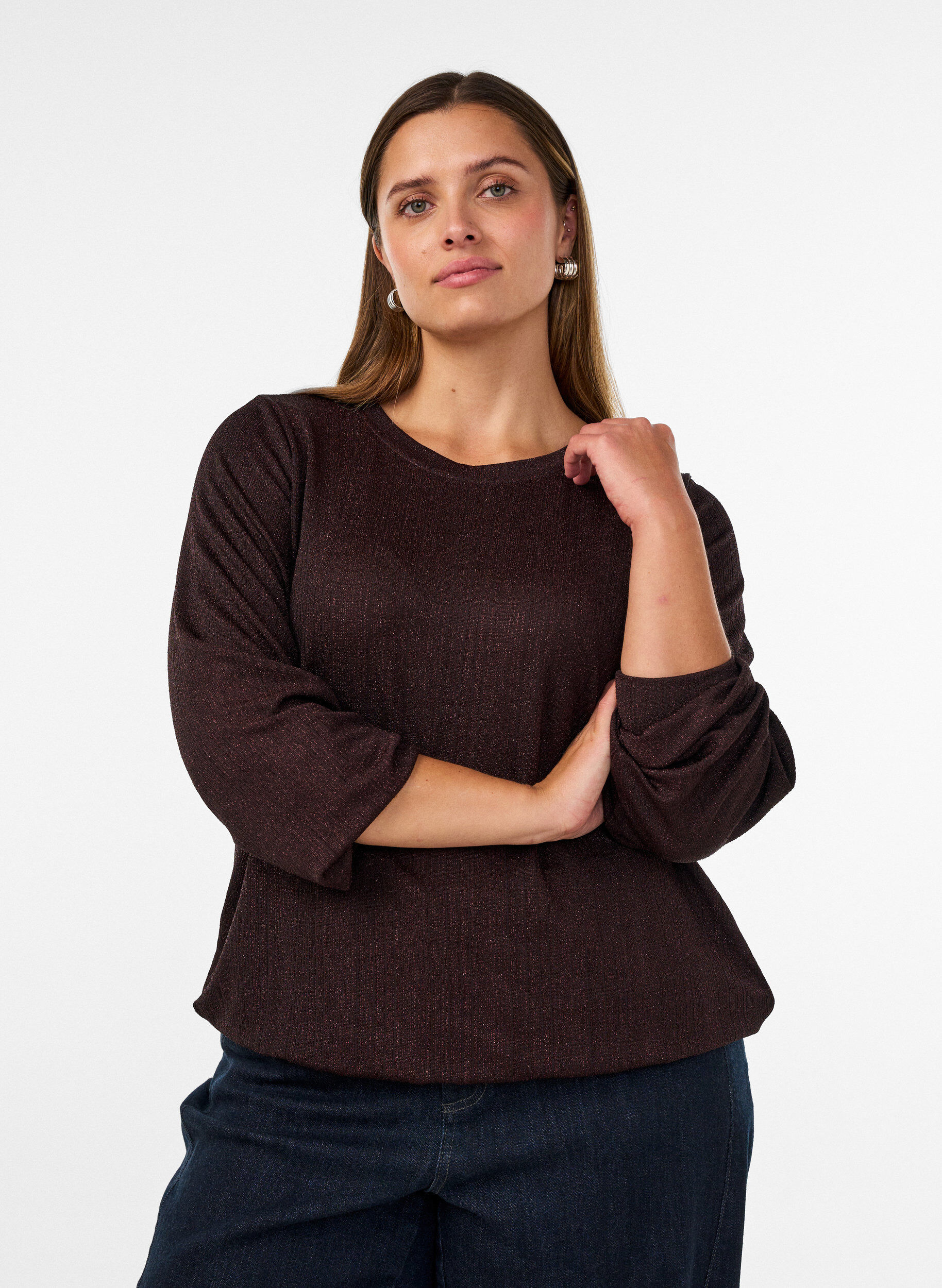 ZizziBlouse met verticale structuur en glitterdraad, Bruin, Model image number 0