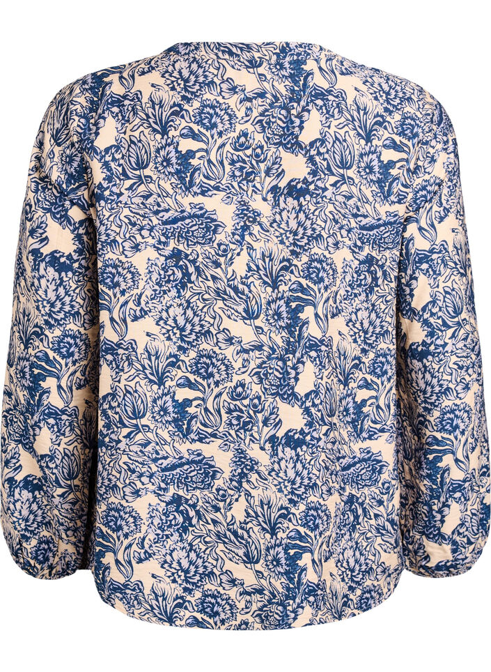 Blouse met lange mouwen met patroon en knopen, Blauw, Packshot image number 1