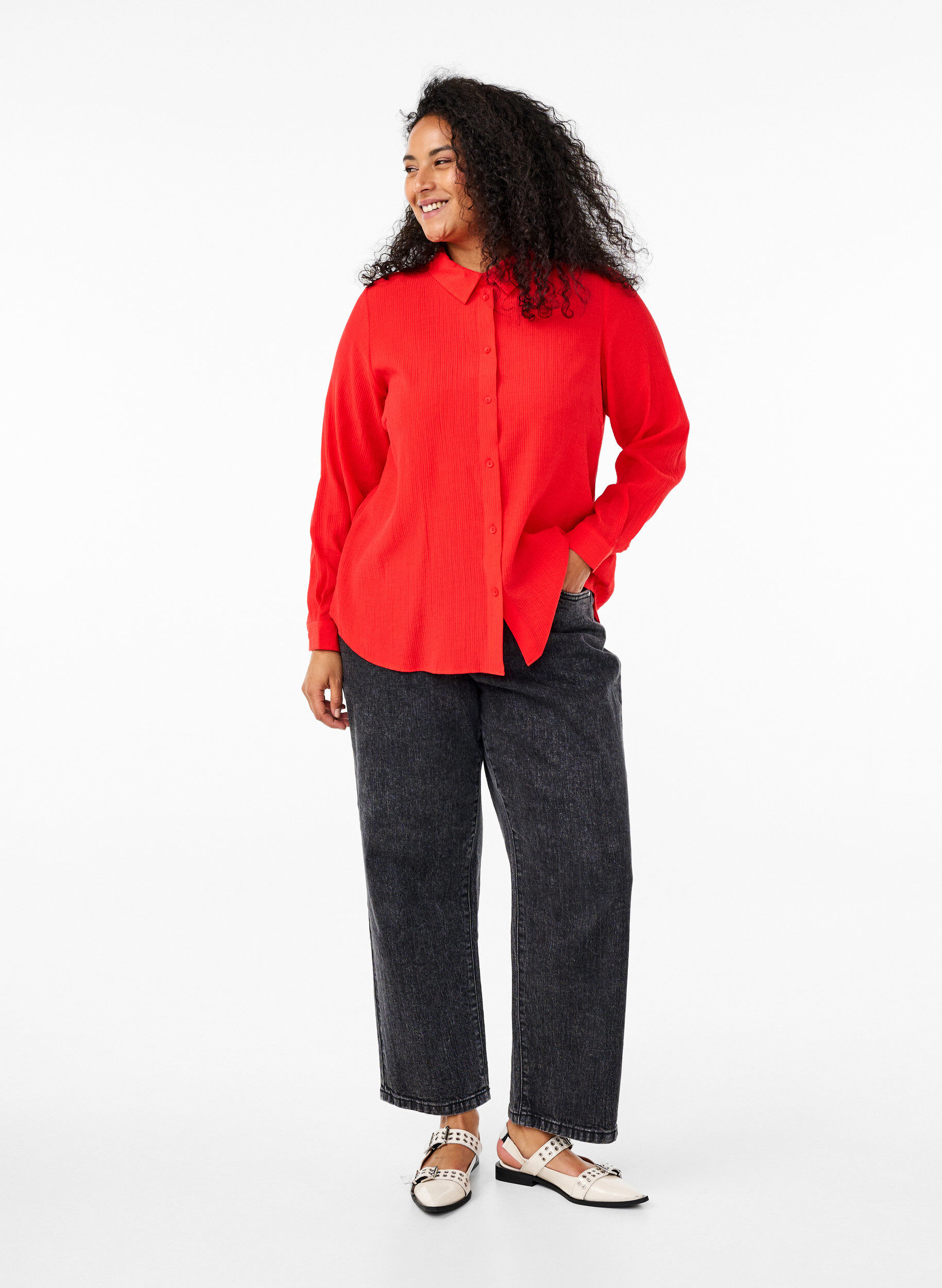 Zizzi Shirt met een gestreepte textuur, Rood, Model image number 1