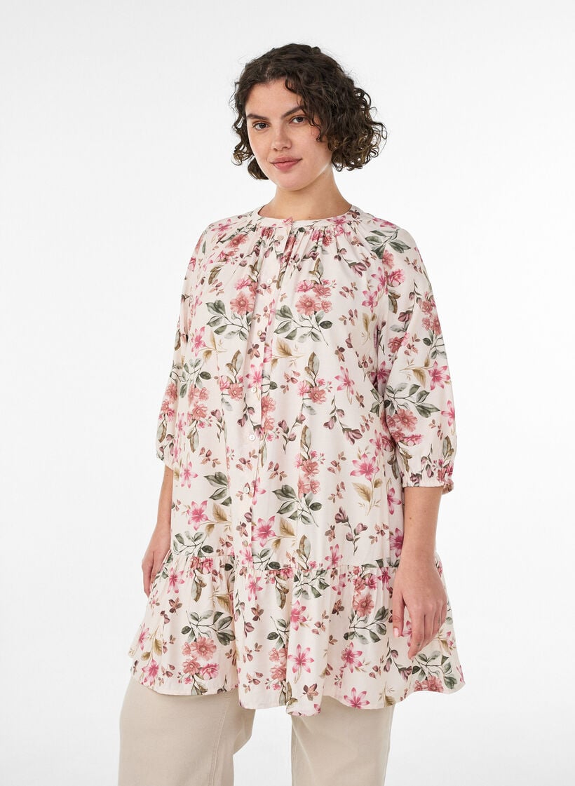 A-lijn tuniek in viscose met 3/4 mouwen, Vanille, Model image number 0